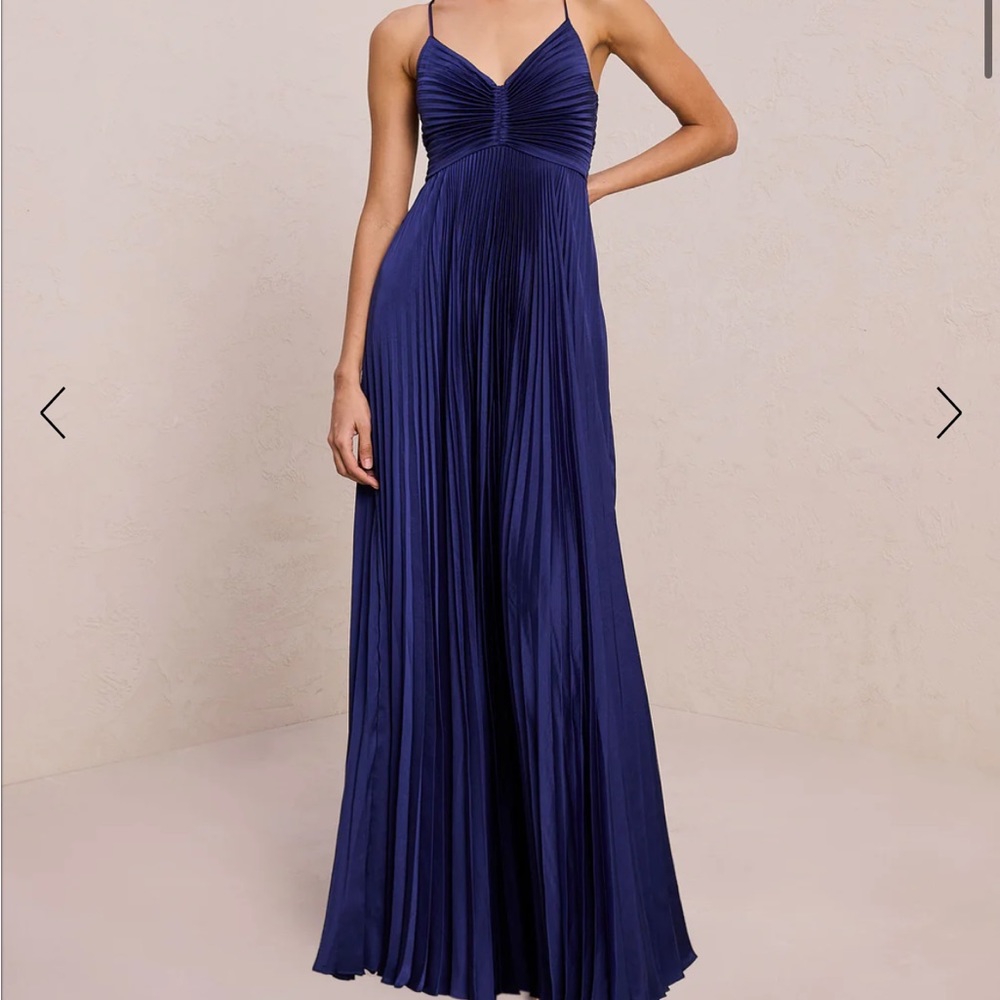 ALC Aerie navy satin pleated dress.